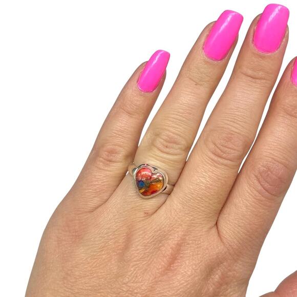 Kingman Pink Dahlia Turquoise Ring Size 6 Solid 925 Sterling Silver Heart Shaped - Picture 2 of 8